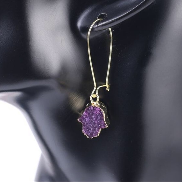 New Handmade Druzy Hamsa Hand Drop Earrings 💜 - Picture 6 of 10